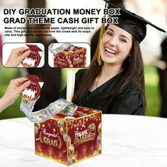 a girl in graduation cap and gown holding up a box with money on it that says grad them cash gift box