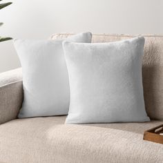 two white pillows sitting on top of a couch