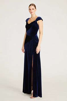 Lou Velvet Draped Gown – THEIA Deep Blue Formal Dress, Dark Jewel Tone Bridesmaid Dresses, Celestial Wedding Bridesmaid Dresses, Blue Winter Bridesmaid Dresses, Velvet A Line Dress, Velvet Blue Dress, Velvet Gowns, Navy Evening Gown, Blue Velvet Gown