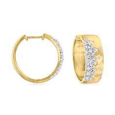 Ross-Simons - .50ct t. w. Scattered Diamond Hoop Earrings Over Sterling. 5/8". Reminiscent of fresh champagne bubbles, this pair gives you a reason to celebrate! .50 ct. t. w. pave diamond rounds are scattered across a high-polished pair of 18kt yellow gold over sterling silver hoop earrings. Hanging length is 5/8". Hinged post, scattered diamond hoop earrings. Diamond birthstones are the perfect gift for April birthdays. Sparkling Yellow Gold Diamond Earrings For Anniversary, Sparkling Yellow Gold Round Hoop Earrings, Sparkling Yellow Gold Diamond Earrings, Diamond Circle Pendant, Earrings Hanging, Cameo Pendant Necklace, Champagne Bubbles, Diamond Birthstone, Gold Designs