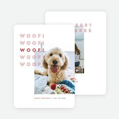 a card with the words woof woof woof and a photo of a dog