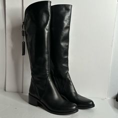 Nwt Emmanuelle Crasto Knee High Leather Boots With A Slanted Zipper. Size 9. See Few Scratches On Sole Black Leather Knee-high Boots Medium Width, Spring Leather Knee-high Boots With Closed Toe, Black Wide Calf Knee-high Boots With Low Heel, Leather Knee-high Boots With Flat Heel For Winter, Leather Low Heel Business Boots, Leather Low Heel Boots For Business, Calf Leather Knee-high Boots With Round Toe, Black Leather Knee-high Boots With Almond Toe, Leather Heeled Boots With Branded Heel Counter