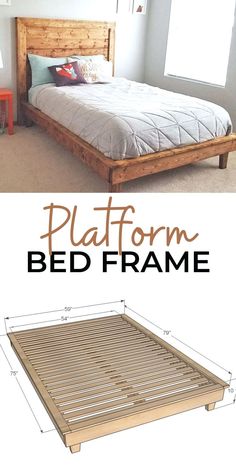 the bed frame is made out of wood and has slats on it, along with text that reads platform bed frame