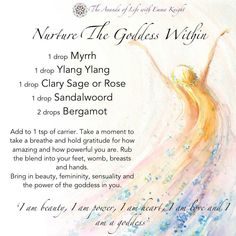 Nurture the goddess within - myrrh, ylang ylang, clary sage or rose, sandalwood and bergamot Ylang Ylang Witchcraft, Ylang Ylang Spiritual Meaning, Goddess Oil Recipe, Goddess Essential Oil Blend, Essential Oil Perfume Blends, Sage Goddess, Essential Oil Perfumes Recipes, Homemade Perfume