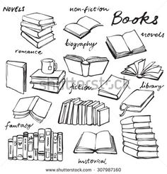 hand drawn books with names and pictures on the page, in doodle or sketch style