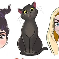 two women with long hair and one has a black cat on her head, the other is blonde