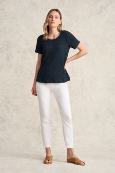 We love the crinkle effect of this fresh Ink-coloured t-shirt. Drawing on the French marinière style, this t-shirt features button detailing along the wearer’s left as well as a smart crew neck. It’s an all-season top that will bring elegance to any ensemble like our Bengajean® 7/8th Button Detail and Harli Cross Strap. Chic Cotton Tops With Crinkle Texture, Textured Crew Neck Casual Tops, Textured Casual Crew Neck Tops, Casual Textured Knit Short Sleeve Top With Crew Neck, Casual Textured Crew Neck Top, Relaxed Fit Textured Crew Neck Top, Textured Relaxed Fit Crew Neck Top, Casual Short Sleeve Textured Top, Casual Textured Short Sleeve Top