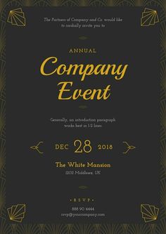 an elegant black and gold company event poster with the words company event written on it