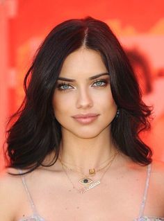 a woman with long dark hair and blue eyes wearing a silver dress is standing in front of a red background