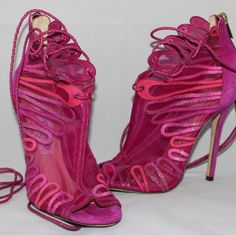 Jimmy Choo Fuchsia Heel Booties Lace Up Sandal Heels, Fuchsia Heels, Suede Lace, Lace Up Sandals, Jimmy Choo Shoes, Fuchsia Pink, Jimmy Choo, Bootie Boots, Ankle Boots