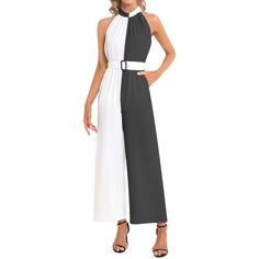 Chiffon, Fabric has slight stretchSleeveless, Long length, Halter neck, High waist, Two inseam pockets, Belted... Elegant Belted Jumpsuits And Rompers, Elegant Belted Jumpsuits And Rompers For Summer, Chic Fitted Jumpsuits And Rompers With Belt, Chic Belted Jumpsuits And Rompers For Spring, Elegant Sleeveless Tie Waist Jumpsuits And Rompers, Elegant Jumpsuits And Rompers With Tie Waist, Summer Workwear Halter Neck Jumpsuits And Rompers, Sleeveless Belted Jumpsuit For Formal Occasions, Sleeveless Belted Formal Jumpsuit