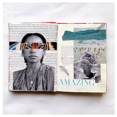 an open book with pictures and words on the pages that are collaged together