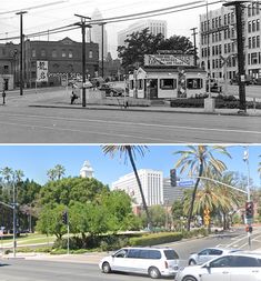 an old and new city street with palm trees in the foreground, then on the right