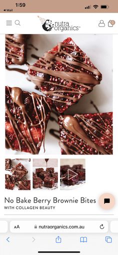 chocolate brownie bites are being displayed on an iphone screen with the text, no bake berry brownie bites with collage beauty