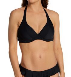 With simple halter top styling, plunging neckline, and supportive cups, this cute swim top will have you looking and feeling great. Made from nylon and elastane. Multi-part underwire cups have vertical seaming for a rounded, forward shape. Cups are lined with power mesh and have smooth knit lining near neckline. Bra-sized cups give a great fit! Low, plunge neckline has sewn-in elastic at the edge for a sustained fit. Triangular center is reinforced with non-stretch mesh. Covered elastic underban Halter Neck Top With Built-in Bra For Pool, Triangle Halter Top With Built-in Bra For Swimming, Chic Halter Neck Swimwear With Padded Cups, Elegant Halter Top For Pool And Beach Season, Elegant Push-up Bra Friendly Swimwear, Stretch Halter Top With Padded Cups, Elegant Beachwear Halter Top, Pool Halter Top With Padded Triangle Cups, Triangle Halter Top With Padded Cups For Pool