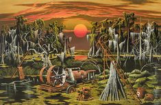 a painting of an industrial machine in the middle of a swamp