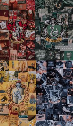 a collage of harry potter crests and hogwart's house emblems