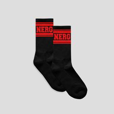 Design: Black & Red, soft mid-calf socks. Featuring a sleek and stylish woven red-NERG logo on both sides, adding a touch of athleticism and brand identity to your outfit for athletics and leisure activities. Material: Our socks are crafted from a blend of high-quality, breathable materials, including 85% combed cotton, 10% nylon, and 5% spandex. This blend ensures both comfort and durability, making them ideal for prolonged wear. Care Instructions: Machine washable Size: One Size/ Fits US mens sizes 6-13 Fitted Red Cotton Socks, Red Sports Socks For Winter, Black Breathable Socks For Streetwear, Sporty Red Breathable Socks, Sporty Black Sweat-resistant Socks, Red Winter Sports Socks, Sporty Anti-odor Winter Socks, Black Socks For Streetwear, Red Sporty Socks For Winter