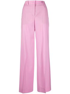 rose pink virgin wool mid-rise belt loops concealed front fastening two side inset pockets two rear welt pockets wide leg Pink Fitted Office Bottoms, Pink Tailored Bottoms For Office, Tailored Pink Bottoms For Office, Pink Trousers With Belt Loops, Pink High-waisted Pants With Belt Loops, Classic Pink Formal Bottoms, Pink Straight Leg Dress Pants For Formal Occasions, Pink Straight Leg Office Pants, Pink Bottoms With Belt Loops For Work