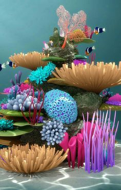 an underwater scene with colorful corals and seaweed