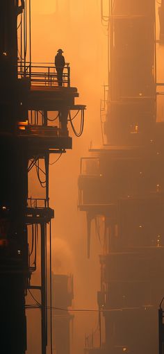 an industrial area with lots of tall buildings in the fog