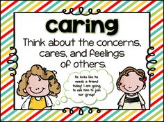 a poster with the words caring and two children in front of it, that says think about