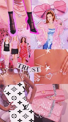 a collage of women in pink and black clothing, with the words trust written on them