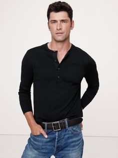 This essential henley t-shirt uses soft cotton for year-round comfort.  Here, we selected a special jersey knit fabric that we love for its silky feel against the skin.  Standard fit.  Crew neck with henley placket.  Center back seam detail.  Straight hem.  Standard fit.  Long sleeves.  Hip length.  Model: Size M, 6'2" (188cm).