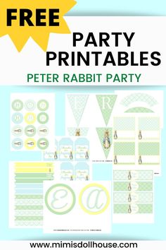 the printable party kit for peter rabbit party is shown in blue and green colors