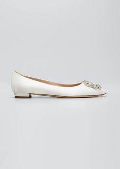 Manolo Blahnik Hangsi Satin Crystal-Buckle Ballerina Flats - Bergdorf Goodman Elegant Fitted Closed Toe Flats, Elegant Crystal Embellished Ballet Flats For Evening, Elegant Low Heel Ballet Flats For Galas, Elegant Flats With Flat Heel, Embellished Elegant Ballet Flats, Elegant Embellished Ballet Flats, Elegant Embellished Flat Ballet Flats, Elegant Leather Ballet Flats For Wedding, Formal Embellished Flats With Low Heel