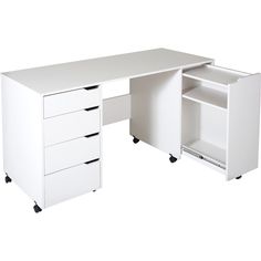 a white desk with three drawers on wheels