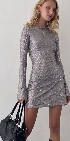 Silver Sequin Open Back Mini Dress | Kimberly – motelrocks-com-us Silver Long Sleeve Mini Dress, Nye Dress Sparkly, Open Back Mini Dress, Christmas Attire, Sparkly Mini Dress, Trumpet Sleeves, Long Sleeve Sequin Dress, Sequins Dress, Lettuce Hem