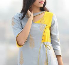 Superb detailing with buttons, cuts , dori-latkan and style. New Kurti Designs, Simple Kurti Designs, Neck Designs For Suits, Salwar Designs, Kurti Designs Latest