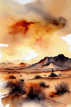 an abstract painting of desert with mountains and clouds in the background, painted by watercolor on paper