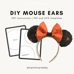 a mouse ears headband with an orange bow and spider web on the side, next to it is a card that says diy mouse ears