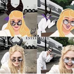 a collage of photos with a blonde woman wearing sunglasses