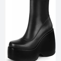 Wetkiss Black Platform Ankle Booties. Size 42 Midcalf With Side Zipper. Heel To Toe 11" Fitted Black Platform Boots, Black Ankle-high Platform Boots, Black Fitted Ankle-high Platform Boots, Fur Ankle Boots, Buckle Booties, Lace Booties, Fall Booties, Lace Up Wedges, Wedge Ankle Boots