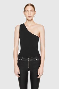 The Bonnie Bodysuit features a smooth, body-hugging fit that sculpts and defines your silhouette. This one-shoulder style is everything you need in a base layer. Wear it solo or layer it with your favorite blazer. | Rebecca Minkoff Bonnie One-Shoulder Bodysuit Sweater In True Black - Size M One Shoulder Bodysuit, Leather Outerwear, Blazer Style, Shoe Size Conversion, Base Layer, Rebecca Minkoff, One Shoulder, Knitwear, Dress Outfits