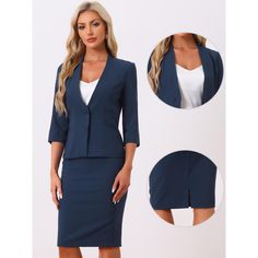 The elegant skirt-suit set is designed to make you look polished and professional in any corporate setting. The collarless blazer adds a modern touch to this classic ensemble, while the pencil skirt provides a flattering silhouette. Made from soft materials, this suit set offers excellent durability and comfort throughout the day. Whether you're attending an important meeting or presenting in the boardroom, this outfit will exude confidence and style. Single Button Blazer Dress For Career, Formal Blue Office Lady Blazer, Blue Formal Office Lady Blazer, Blue Formal Office Blazer, Blue Professional Blazer For Career, Blue Formal Professional Blazer, Fitted Solid Blazer Dress For Work, Fitted Solid Color Blazer Dress For Work, Tailored Office Lady Career Sets