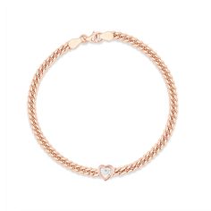 Design A bezel wrapped heart shape diamond on a cuban link chain. The sweetest gift. Details & Dimensions - 0.25 carats- 6.5" Valentine's Day Rose Gold Diamond Bracelet, Rose Gold Diamond Heart Bracelet In Fine Jewelry Style, Rose Gold Diamond Heart Bracelet Fine Jewelry, Rose Gold Heart-shaped Diamond Bracelet, Fine Jewelry Rose Gold Heart Diamond Bracelet, Rose Gold Diamond Heart Bracelet For Valentine's Day, Rose Gold Diamond Chain Bracelet For Anniversary, Rose Gold Diamond Heart Bracelet, Anniversary Rose Gold Diamond Chain Bracelet