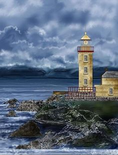 a painting of a lighthouse in the ocean