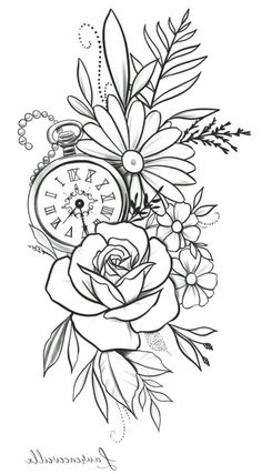 a black and white drawing of flowers with an alarm clock