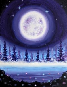 an acrylic painting of a night scene with trees and the moon