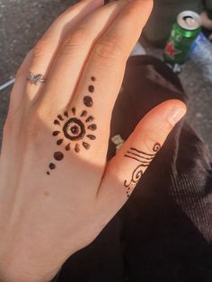 a woman's hand with hennap tattoos on it and an eye drawn in the middle