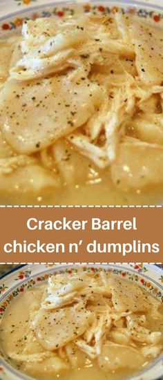 two pictures of cracker barrel chicken'n'dumplings in gravy