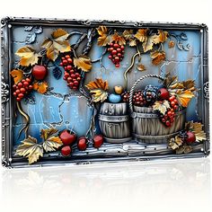 a metal frame with grapes and apples on it