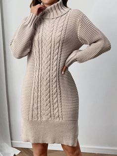 Women's Cable Knit Turtleneck Long Sleeve Sweater Dress Khaki Casual  Long Sleeve Knitwear Plain  Slight Stretch  Women Clothing, size features are:Bust: ,Length: ,Sleeve Length: Cable Knit Turtleneck, Stand Collar Top, Turtleneck Long Sleeve, Knit Turtleneck, Sweater Dress Women, Long Sleeve Sweater Dress, Khaki Dress, Women's Shapewear, Fall Sweaters