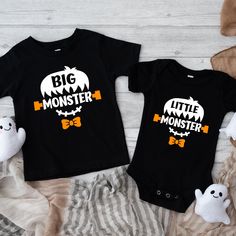 This adorable Big Monster or Little Monster Boys Halloween Frankenstein matching sibling graphic tee’s is a very popular item for kids. These can be customized in your choice of vinyl color for the bolts & bow tie and the black or white vinyl color is standard. Garments come in two colors Onesies® & T-Shirts come in a variety of sizes of your choice. We use high quality, soft flex vinyl which not only creates a sharp, vivid graphic but will never look "faded" or “washed out” like some inks commo Black Cotton Set For Halloween, Cute Black Halloween Sets, Black Short Sleeve Onesie For Family Matching, Family Matching Black Short Sleeve Onesie, Black Onesie For Halloween Playtime, Black Halloween Onesie For Playtime, Mommy And Son Halloween Shirts, Family Matching Halloween Graphic Print Tops, Monster Birthday Party 1st Shirt