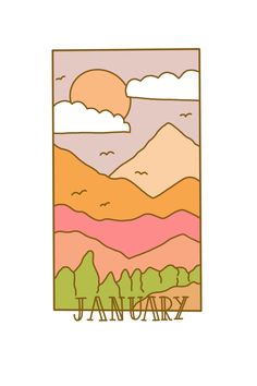 the logo for january with mountains and clouds in pink, orange, yellow and green