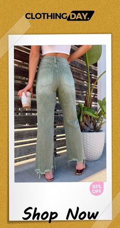 High Rise Distressed Straight Jeans Distressed Bottoms For Day Out In Fall, Trendy Bottoms For Fall Brunch, Chic Distressed Bottoms For Spring, Chic Distressed Bottoms For Day Out, Trendy Stretch Bottoms For Brunch, Casual Cropped Green Pants, Casual Green Cropped Pants, Green Cropped Casual Pants, Trendy Green Distressed Bottoms